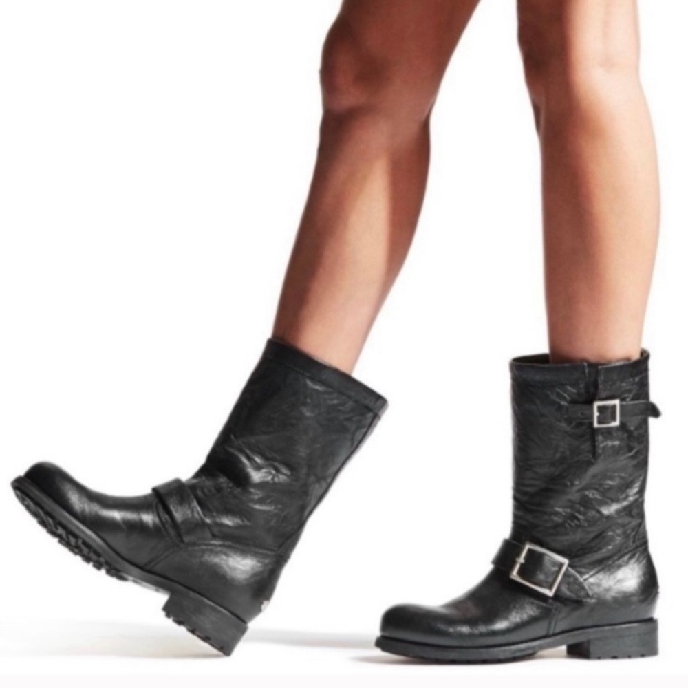Jimmy Choo Black Leather biker moto Boot w/ gold buckles and Brand plate 36.5